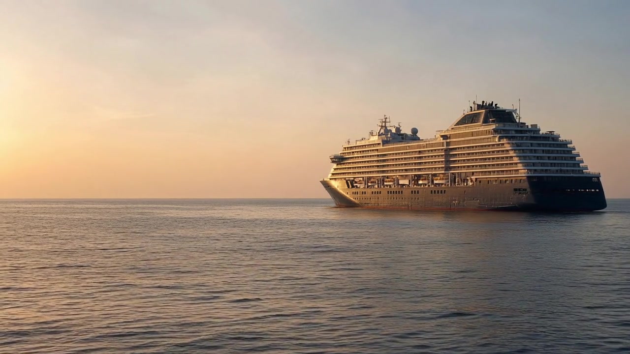 A luxury ship at golden hour on open water